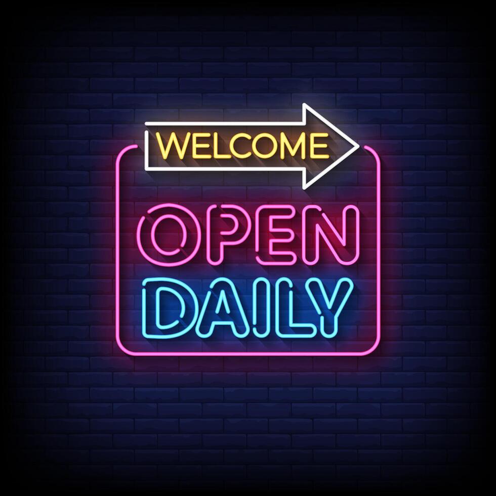 welcome open daily neon sign with brick wall background vector