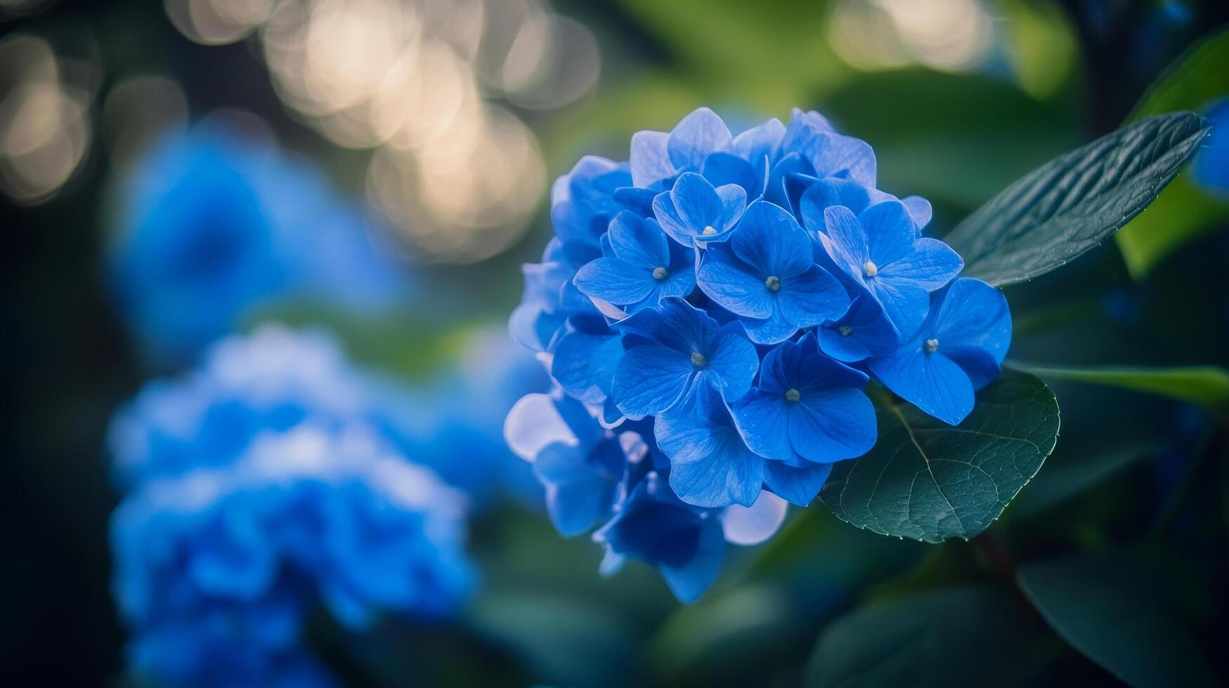 Delicate blue hydrangea blooms captured in soft focus during early morning light photo
