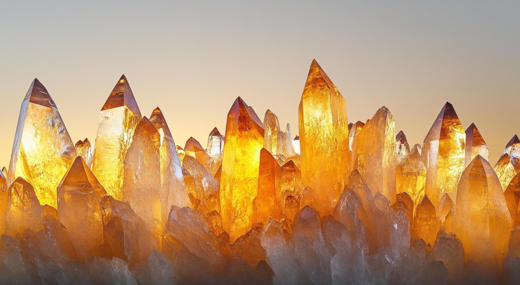 Golden quartz crystals illuminated by sunlight against a dramatic sky in a natural setting photo
