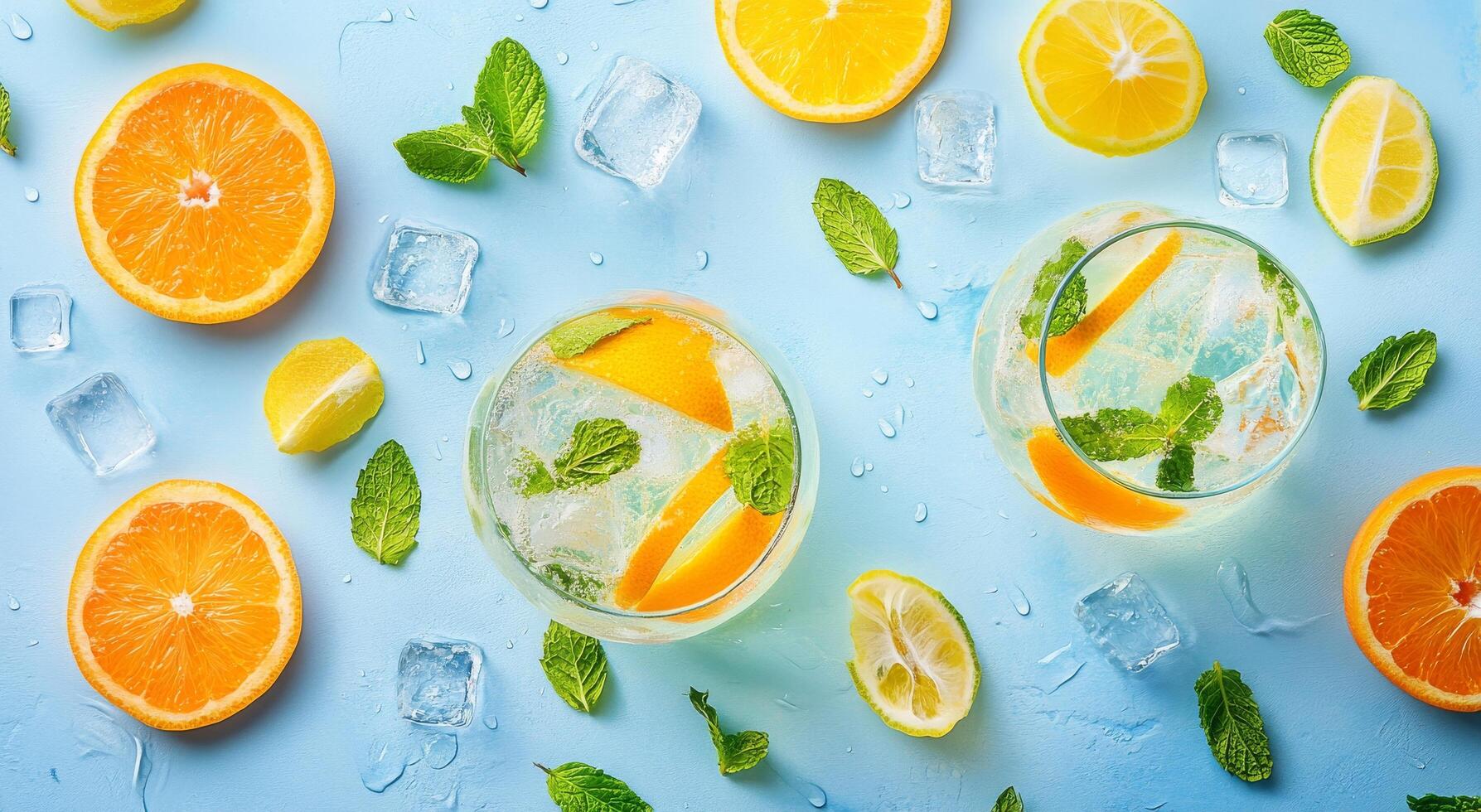 Brightly colored citrus fruits and refreshing drinks on a blue background with ice cubes photo