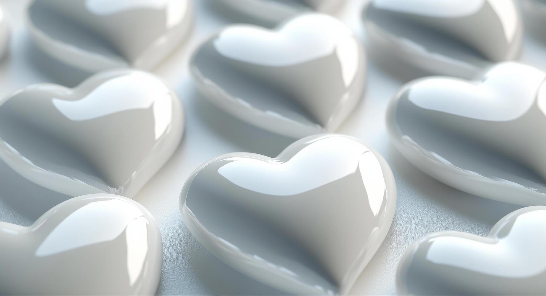 Glossy white heart-shaped decorations arranged neatly on a soft background for festive occasions photo