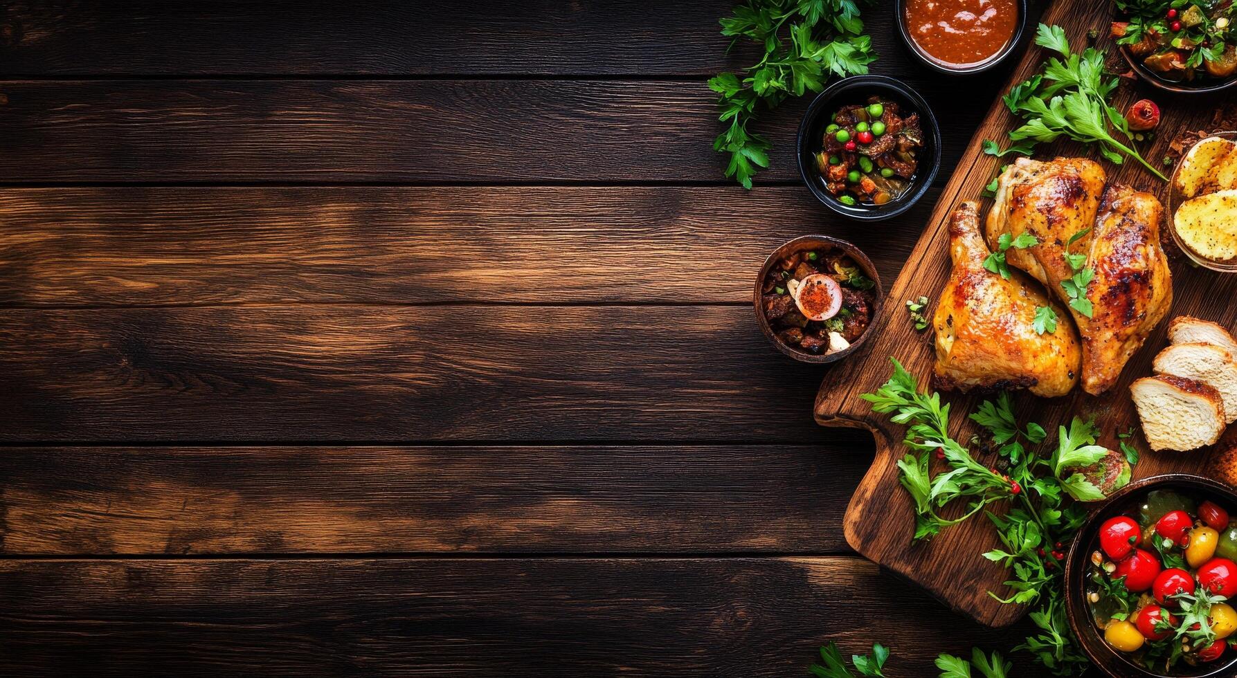 Festive dinner setting with roast chicken, sides, and decorations on a wooden table photo
