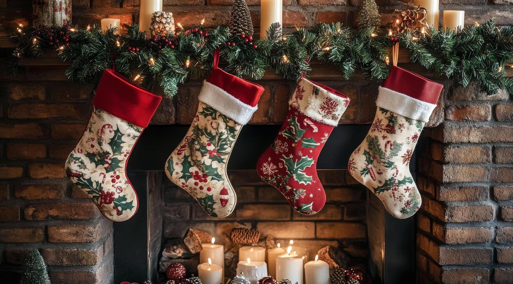 Cozy Christmas stockings hanging by a rustic fireplace adorned with candles and pinecones photo