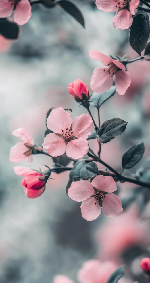 Delicate pink cherry blossoms blooming on branches in a serene garden during springtime photo