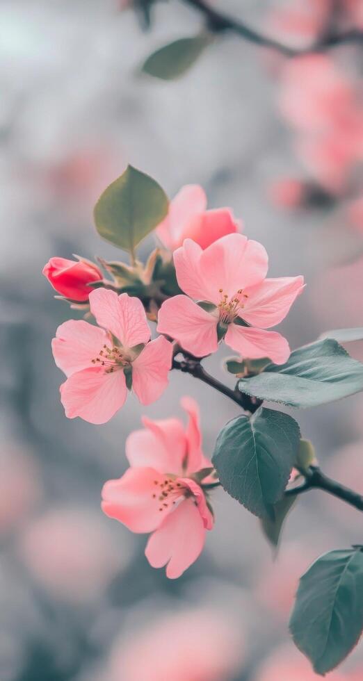 Delicate pink cherry blossoms blooming on branches in a serene garden during springtime photo