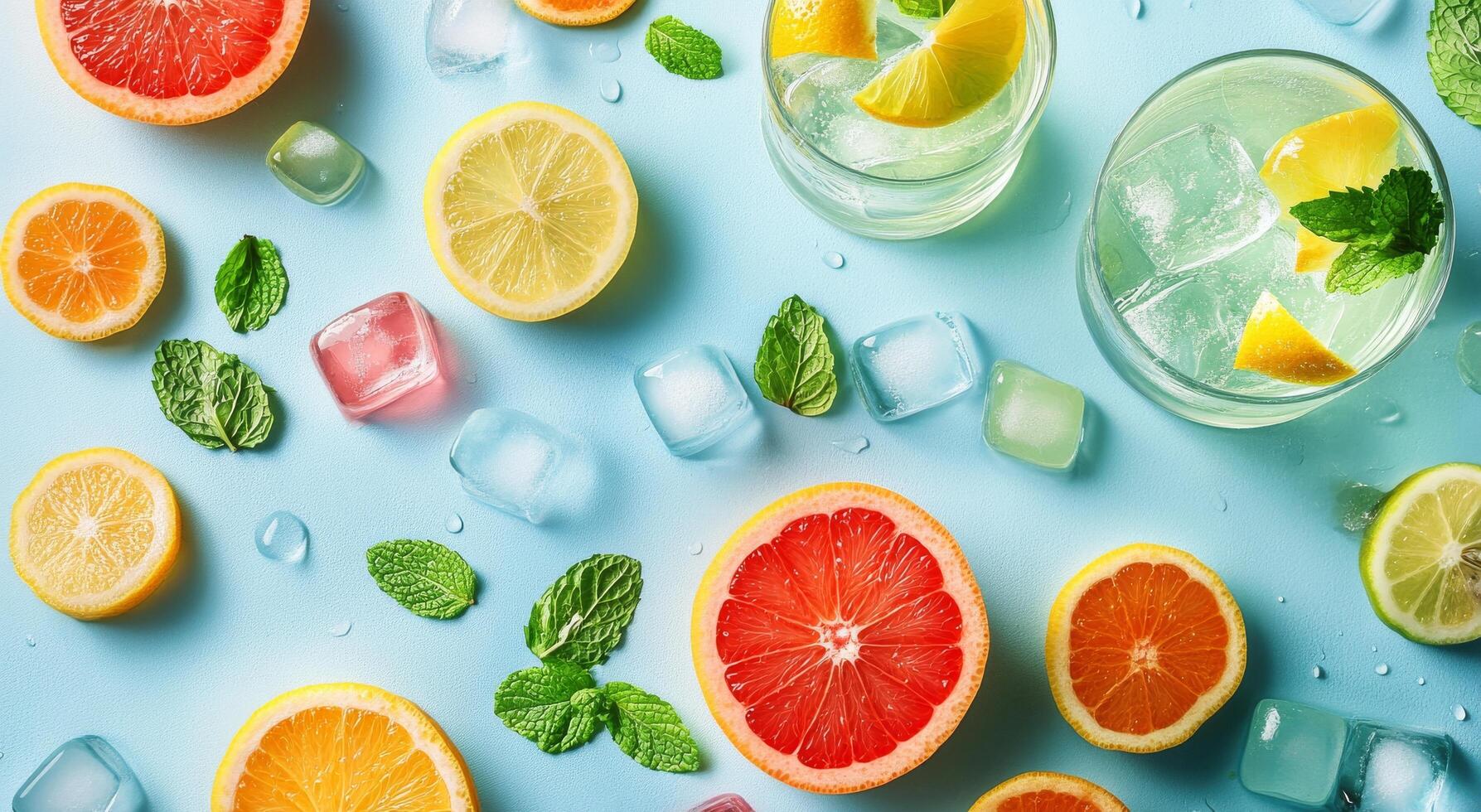 Brightly colored citrus fruits and refreshing drinks on a blue background with ice cubes photo