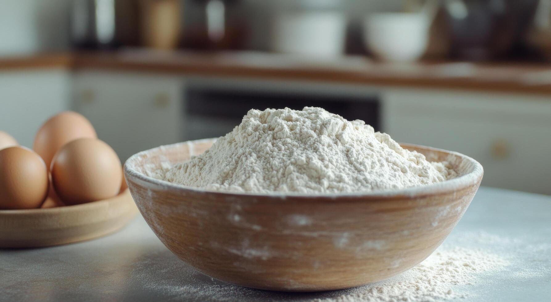 Bowl of flour and fresh eggs prepare for baking at a cozy kitchen counter photo