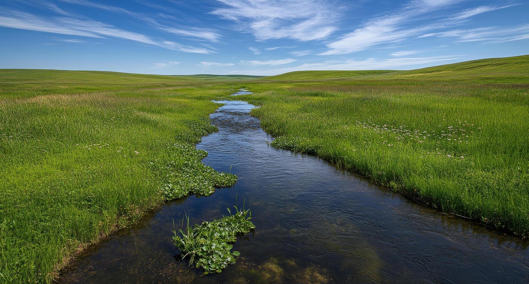 Lush green meadow with white flowers beside a flowing river under a cloudy sky in spring photo