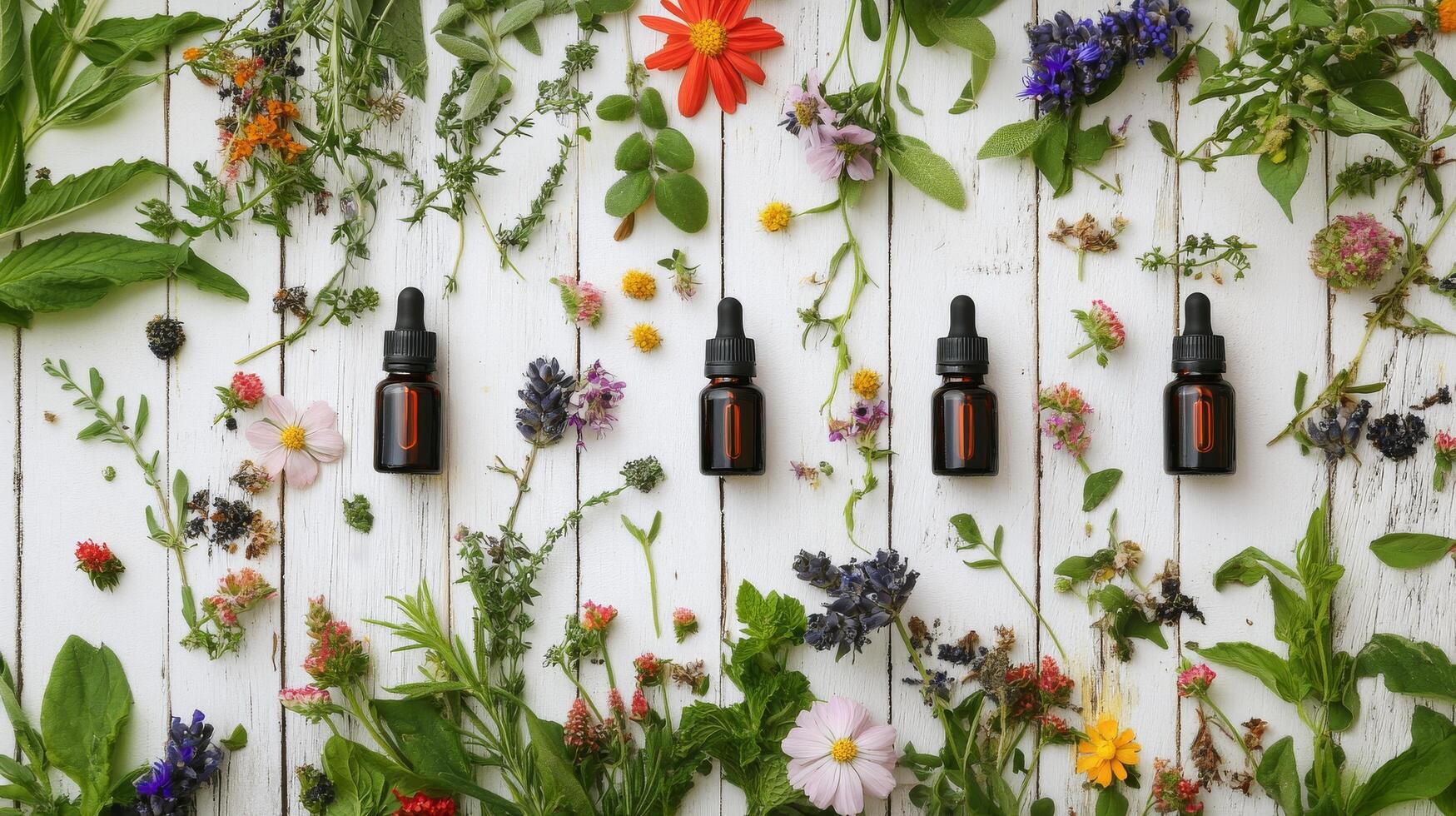 Herbal essence bottles surrounded by fresh flowers and herbs on a wooden table in natural light photo
