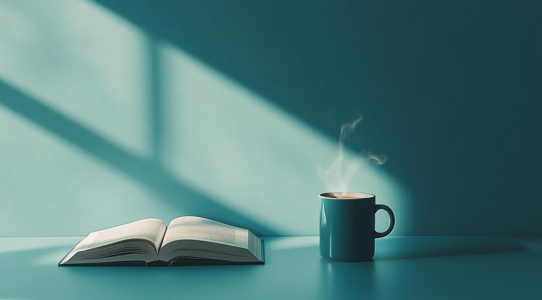 Sunlit morning with a warm cup of coffee and an open book on a light-colored surface photo