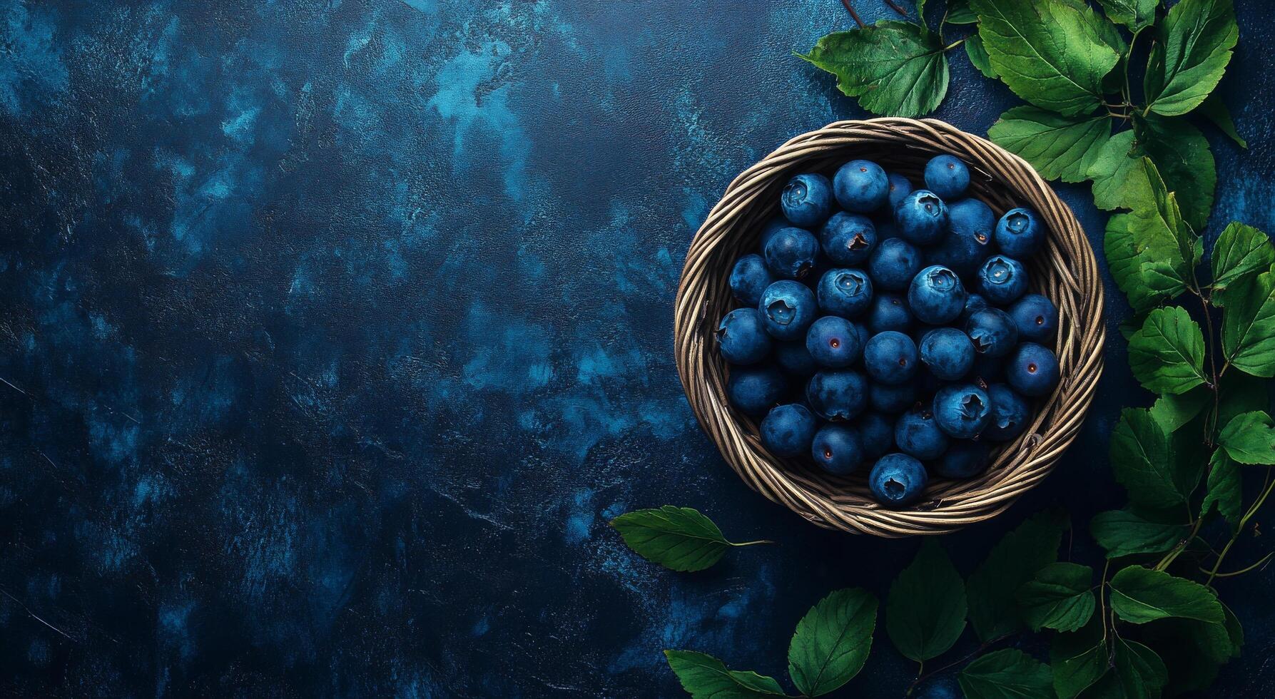Fresh blueberries in a basket with green leaves on a dark textured background photo