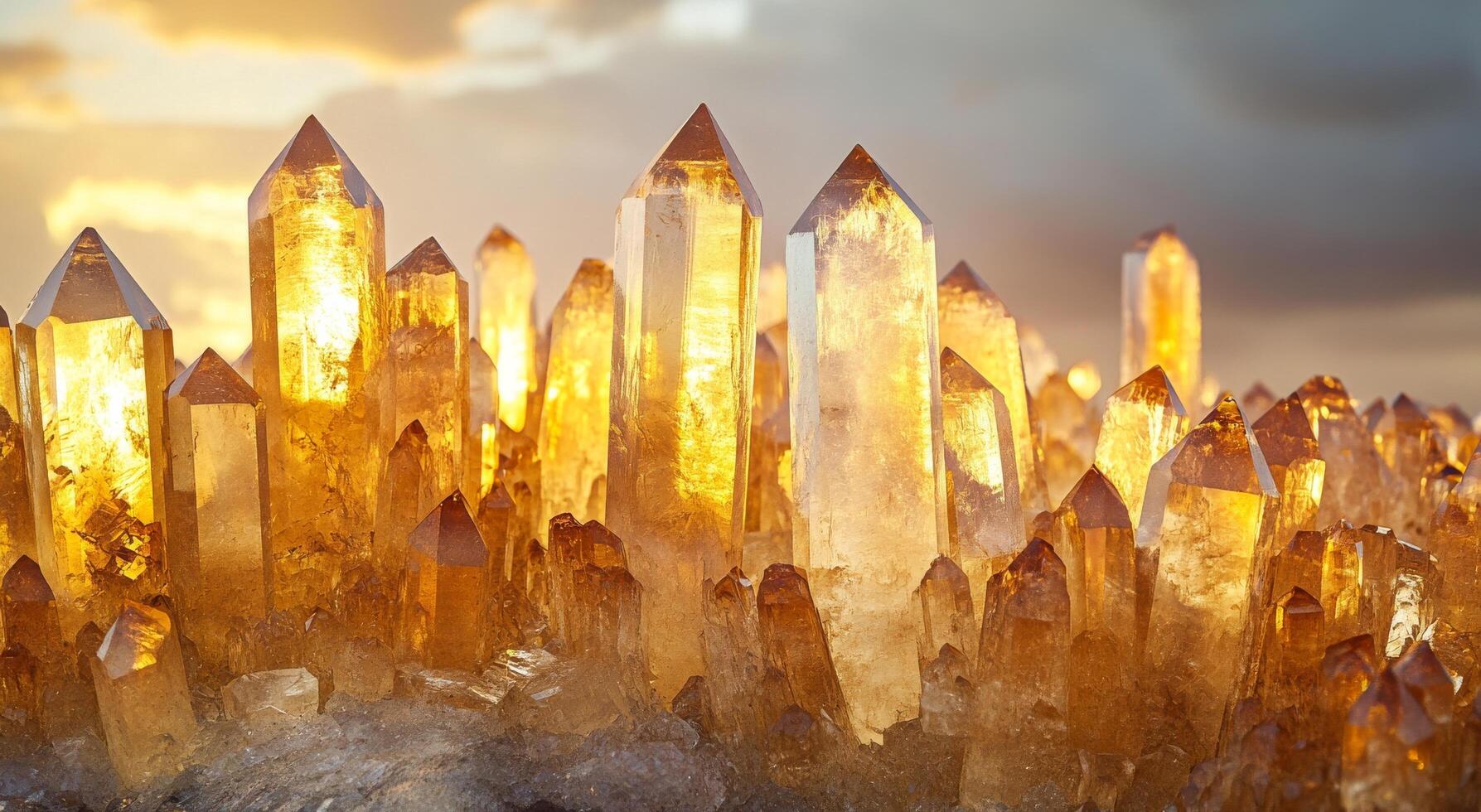 Golden quartz crystals illuminated by sunlight against a dramatic sky in a natural setting photo