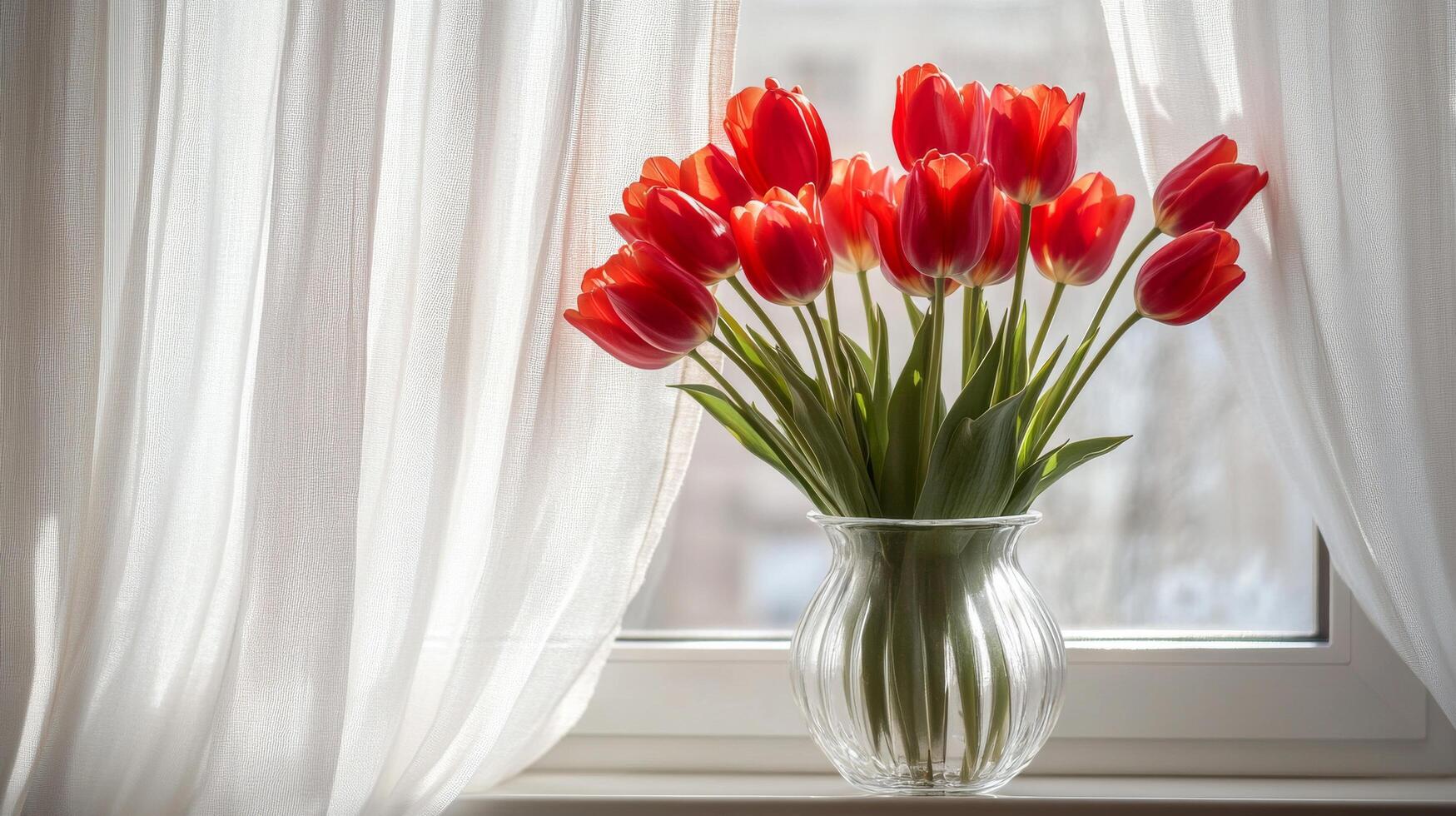 Bright red tulips in a clear vase positioned by a sunlight-filled window with sheer curtains photo