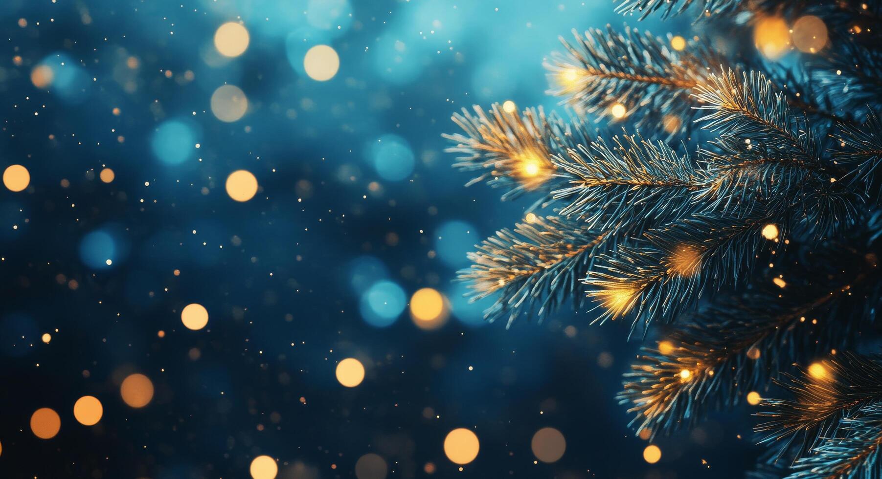 Beautifully decorated evergreen branches with warm lights and falling snowflakes in winter photo
