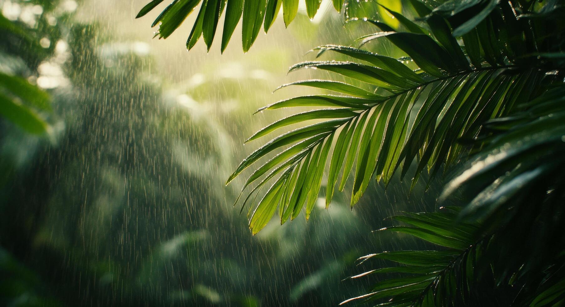 Rain cascading through lush green palm leaves in a tropical rainforest during daytime photo