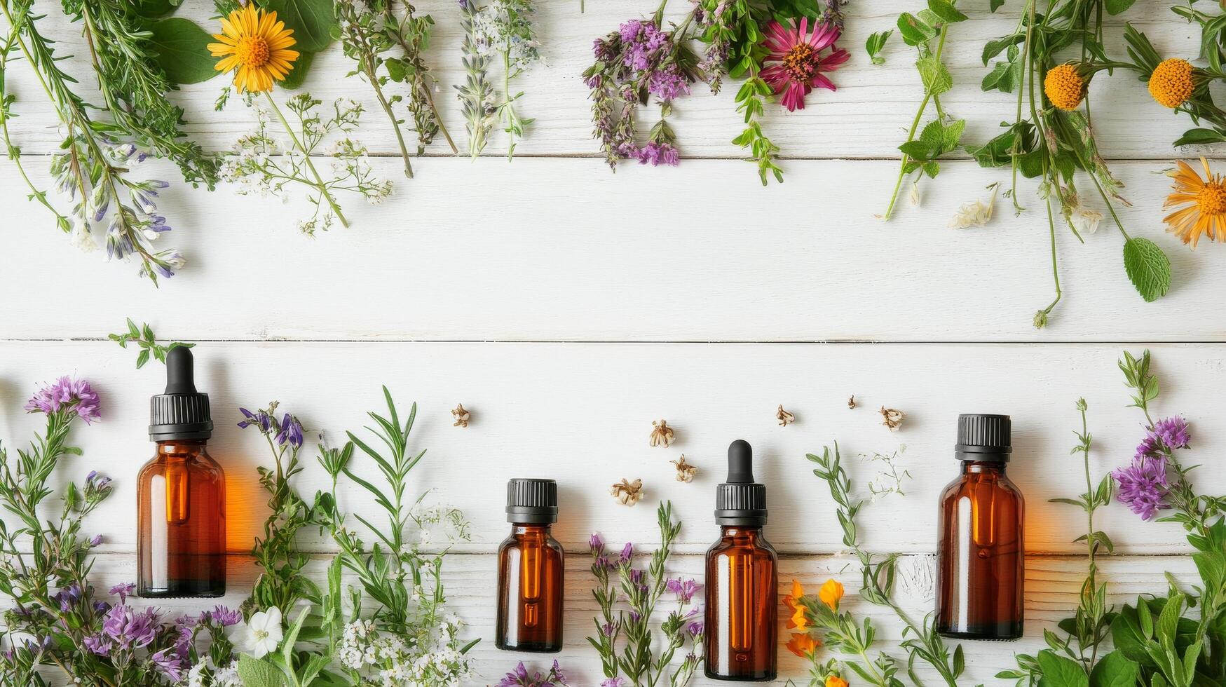 Herbal essence bottles surrounded by fresh flowers and herbs on a wooden table in natural light photo