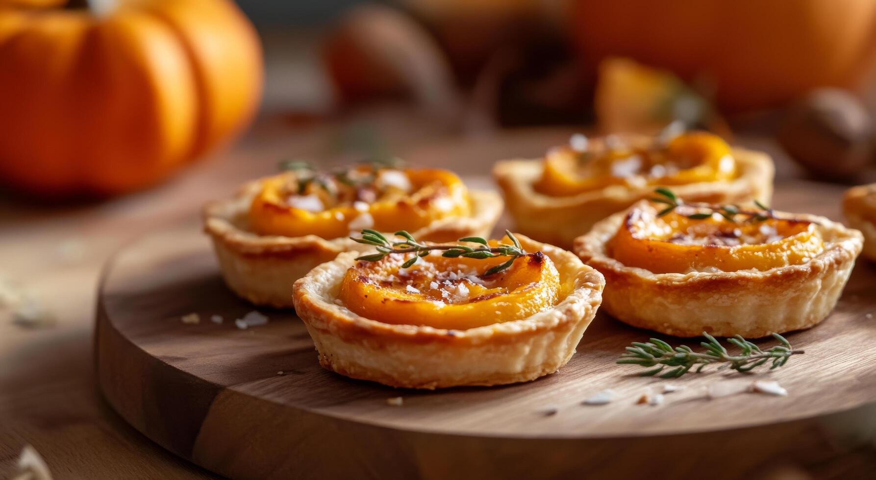 Delicious mini pumpkin tarts with nuts on a wooden serving board among autumn decor photo