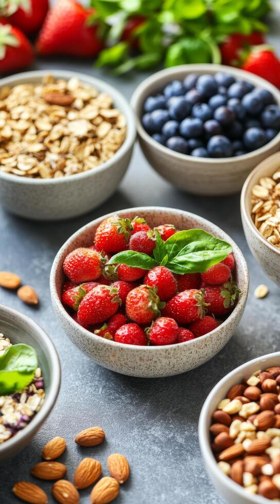 Fresh fruits, nuts, and grains arranged in bowls on a textured surface for a healthy meal prep photo
