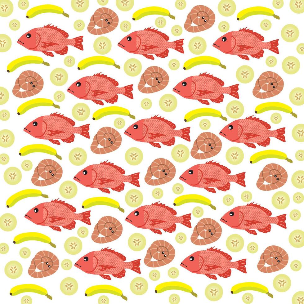worms, fish and fruit as a pattern background vector
