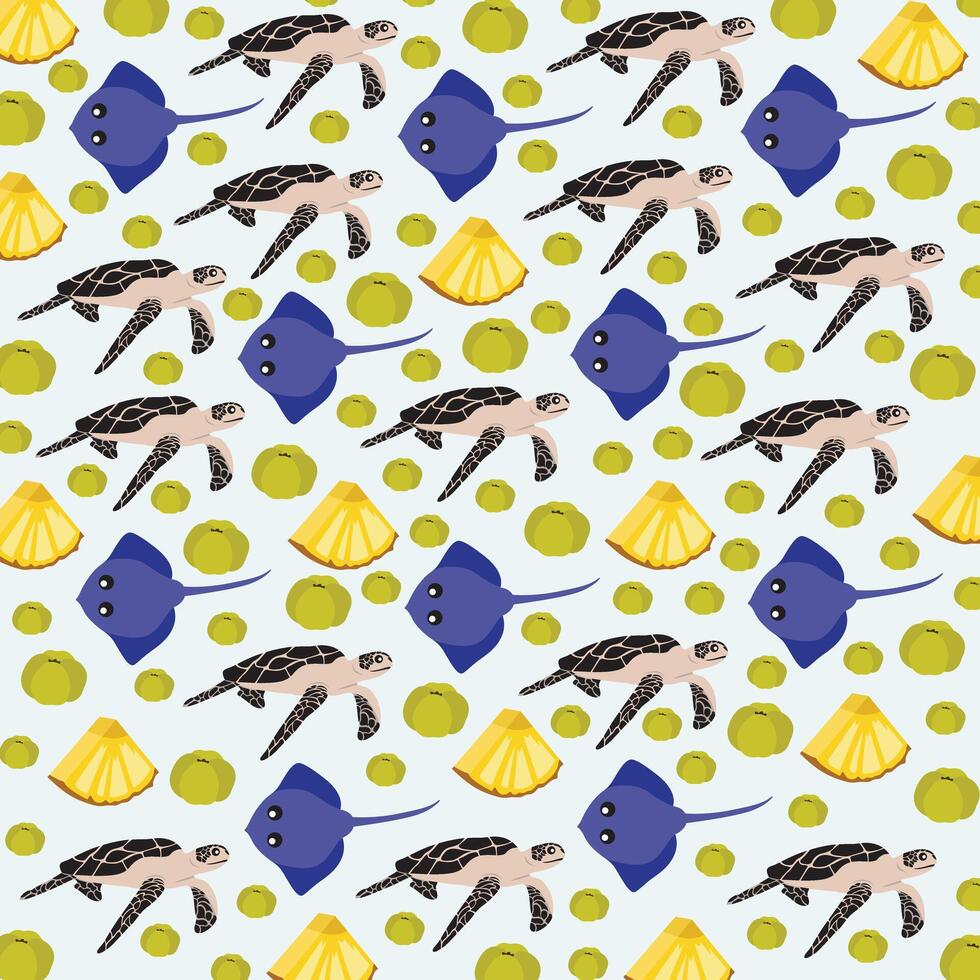 stingrays, turtles and fruit as a pattern background vector