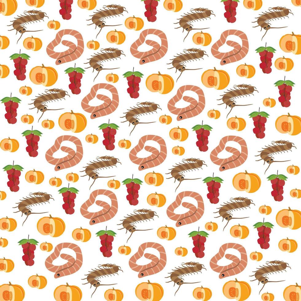 worms, centipedes with rambutan and pumpkin as a pattern background vector