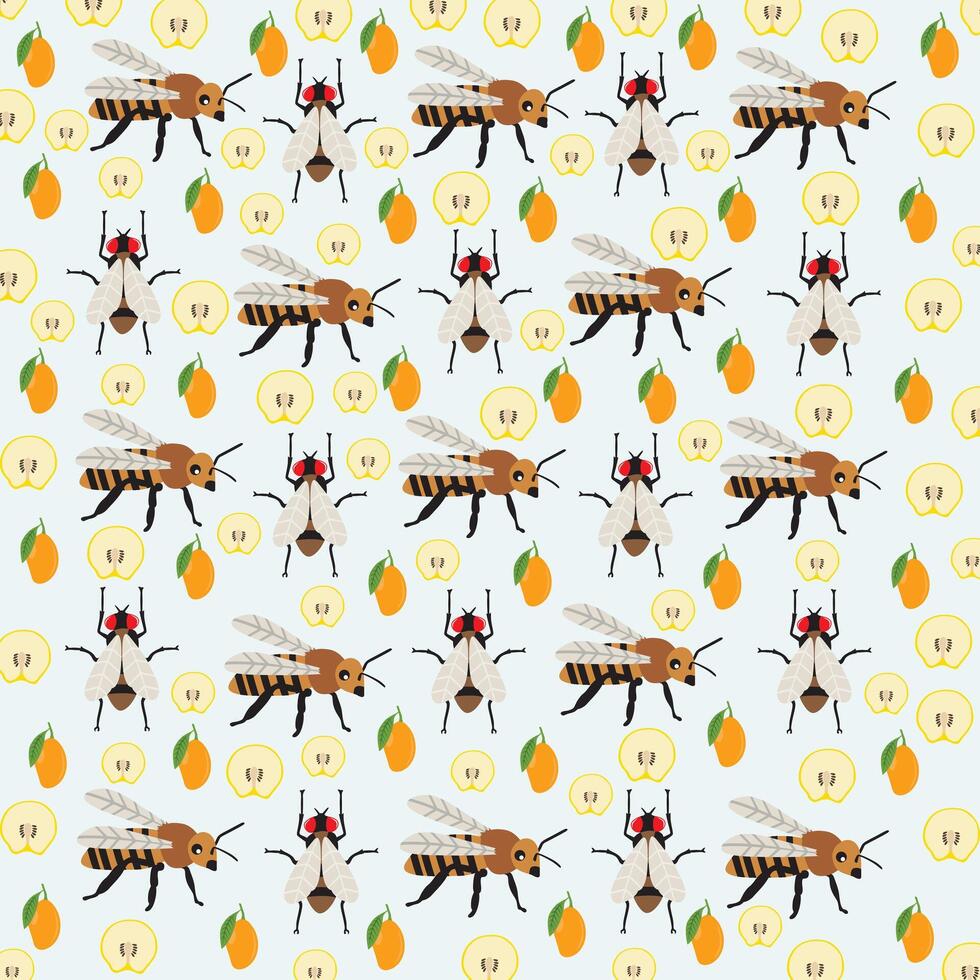 bees, flies and fruit as a pattern background vector