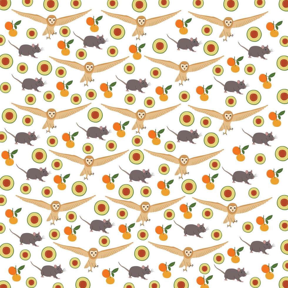 mouse, owl with fruit as a pattern background vector