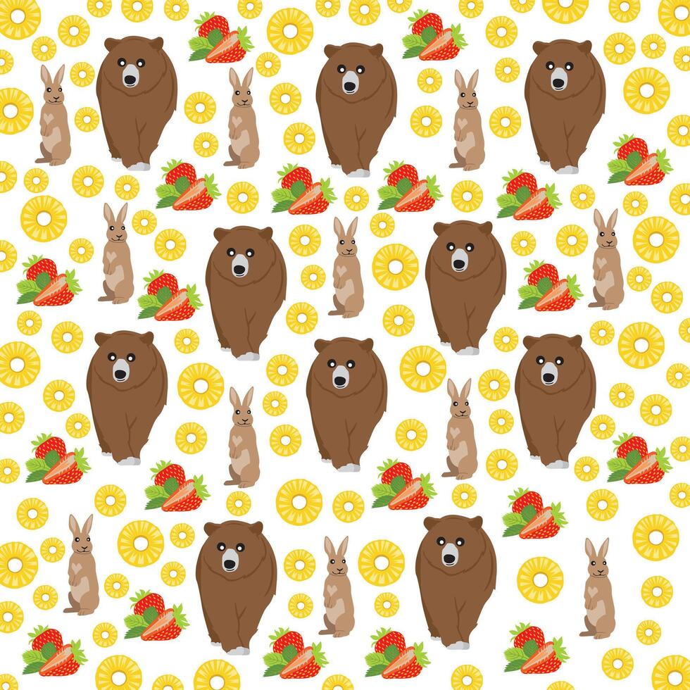 rabbit, bear with strawberry and pineapple as a pattern background vector
