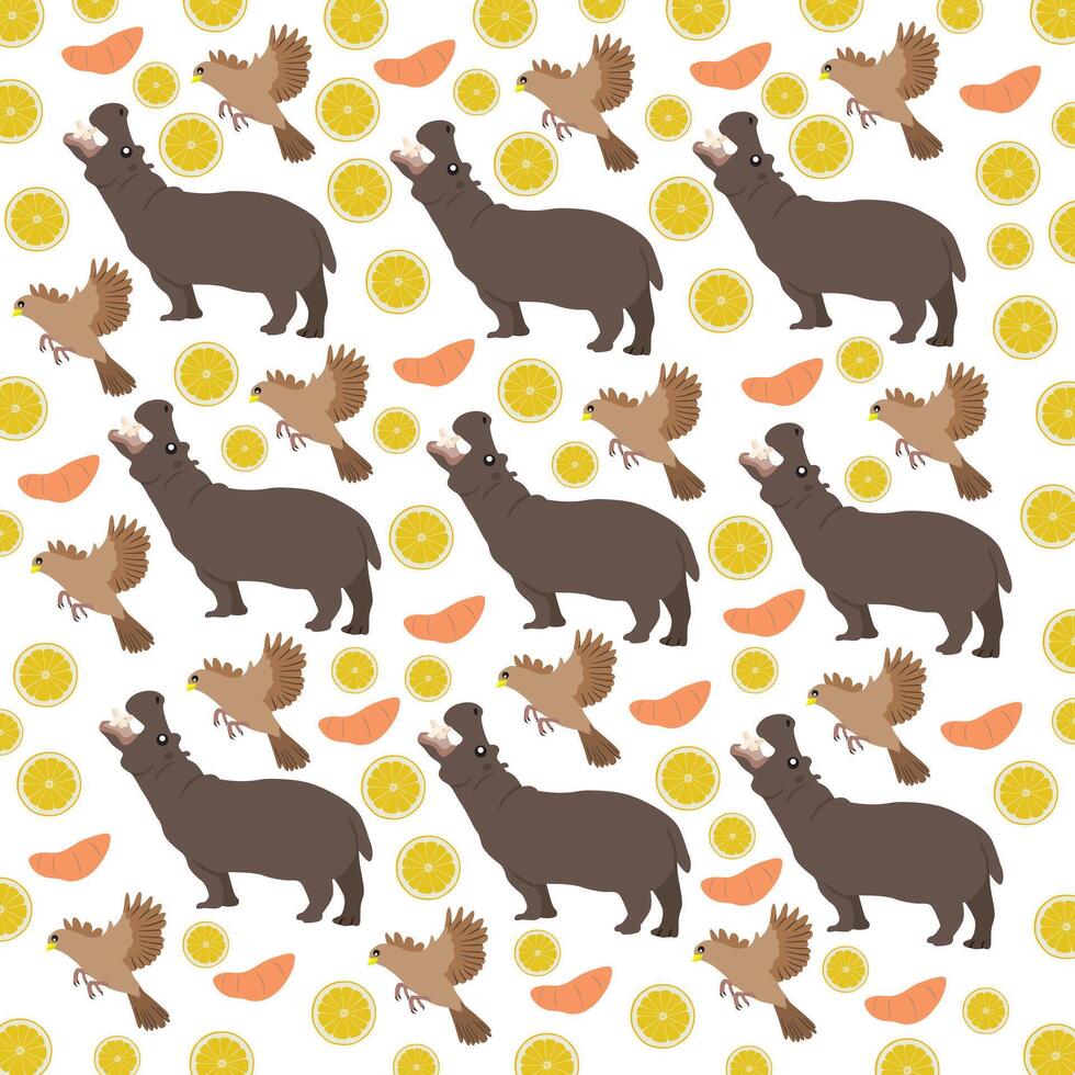 hippopotamus, birds and fruit as a pattern background vector