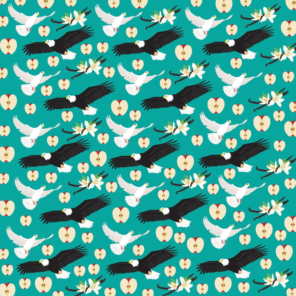 eagle, dove with vanilla and apple as a pattern background vector