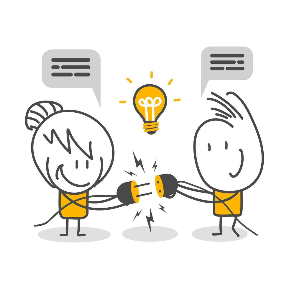Business people combine their ideas. Solution, problem solving, answer to a difficult question or creativity. vector