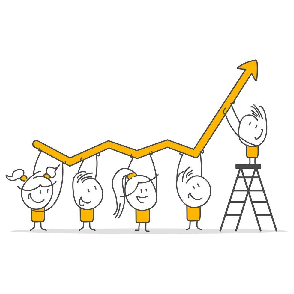 Businessman and employee team help rising arrow graph grow. vector