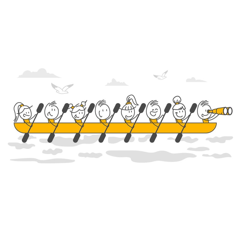 Teamwork. People rowing down the river, people paddling in canoes, people racing. vector