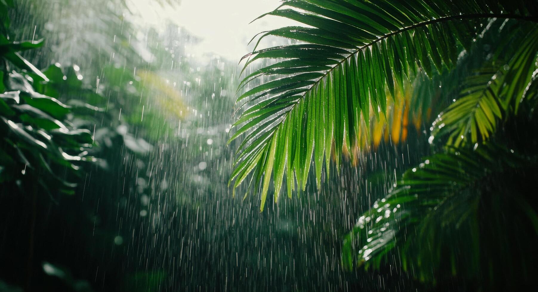 Rain cascading through lush green palm leaves in a tropical rainforest during daytime photo