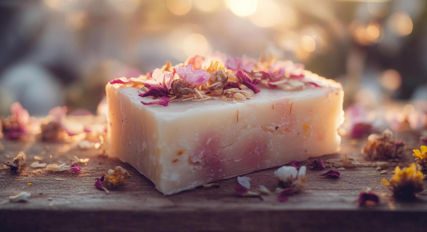 Handmade herbal soap with dried flowers displayed on a wooden surface in a natural setting photo