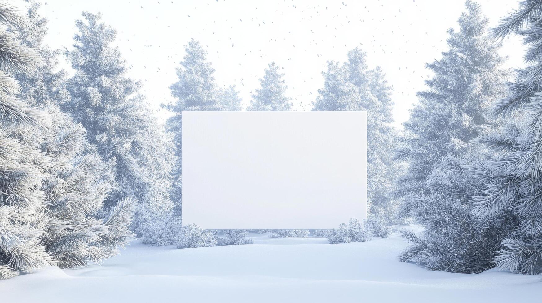 Snowy winter forest with a blank canvas surrounded by pine trees under falling snowflakes photo