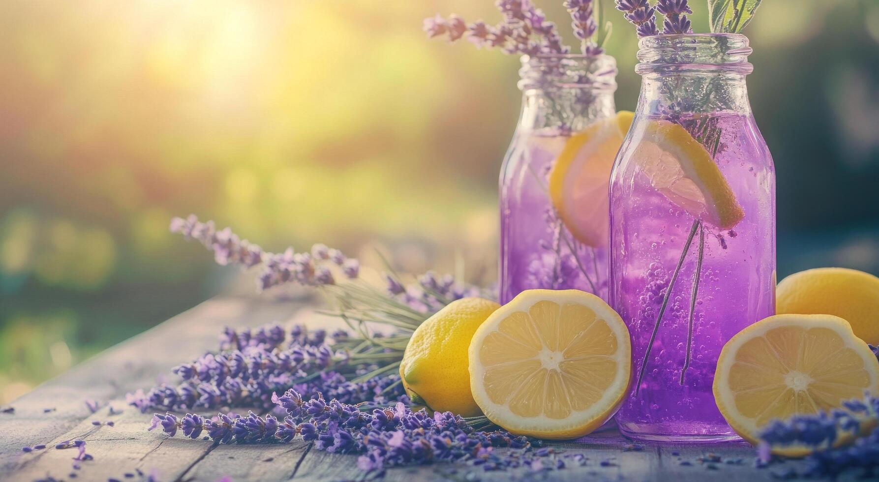 Refreshing lavender lemonade in glass bottles with lemon slices on a rustic wooden surface photo