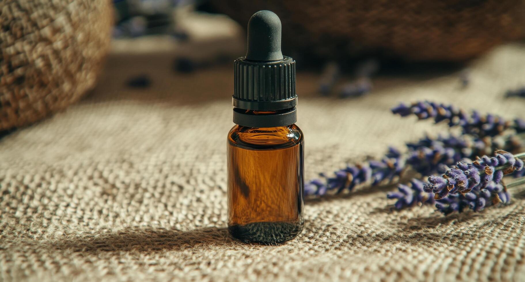 Lavender essential oil bottle rests beside fresh lavender flowers on a textured fabric background photo