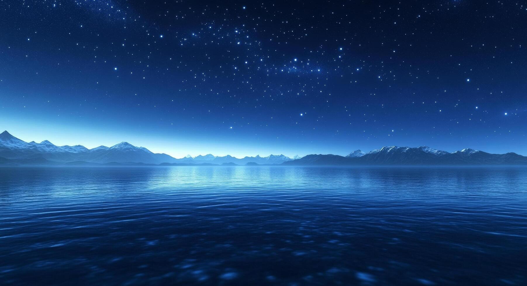 Calm evening landscape with stars reflecting over a serene body of water near distant mountains photo
