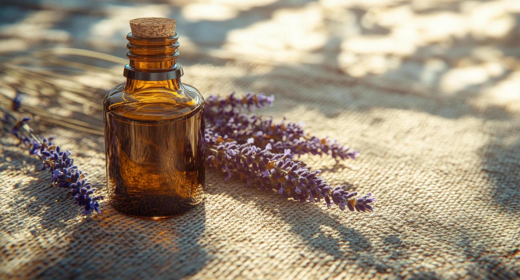 Lavender essential oil bottle rests beside fresh lavender flowers on a textured fabric background photo