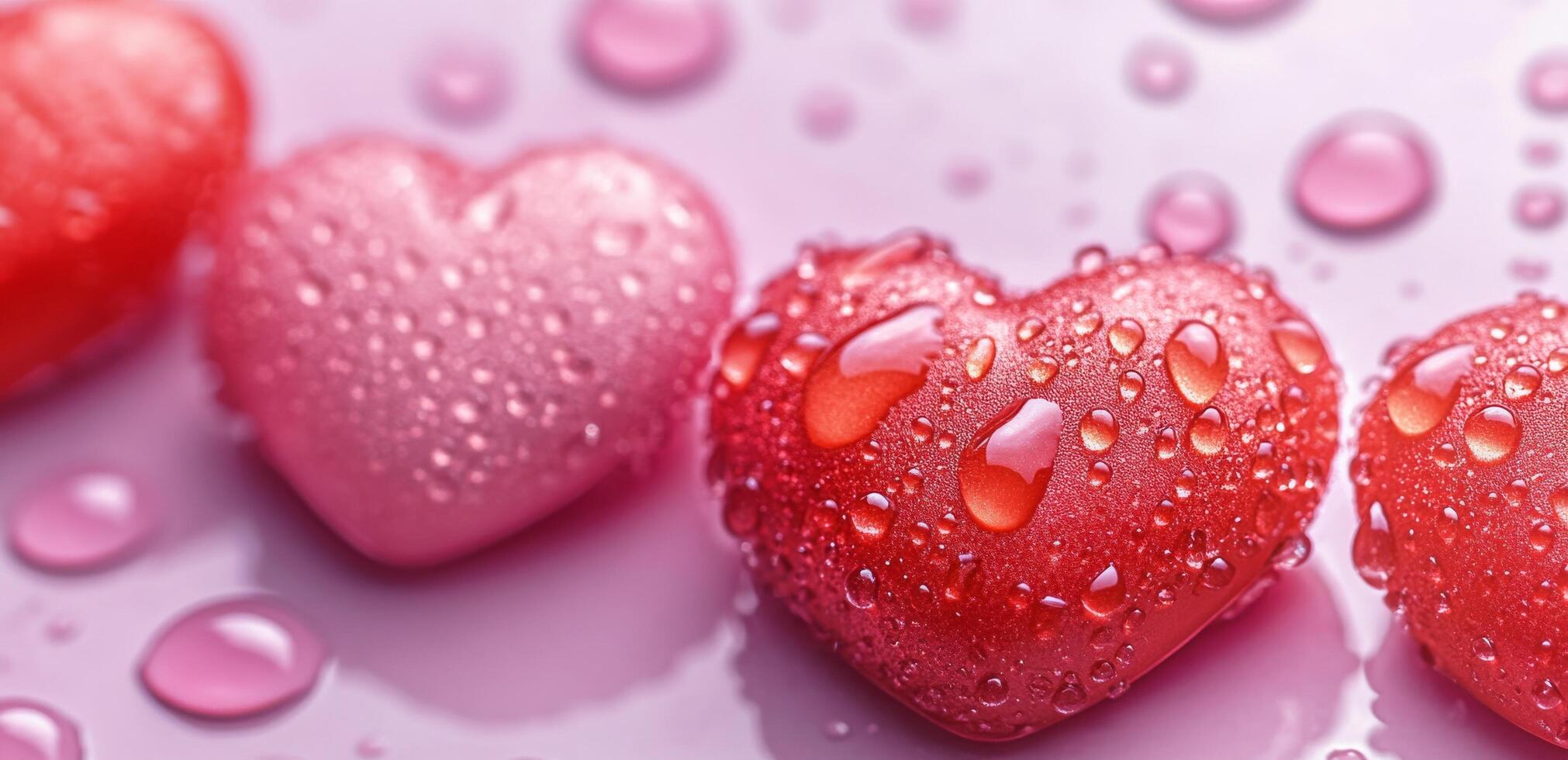 Colorful heart-shaped candies with droplets on a smooth surface in a soft lighting setup photo