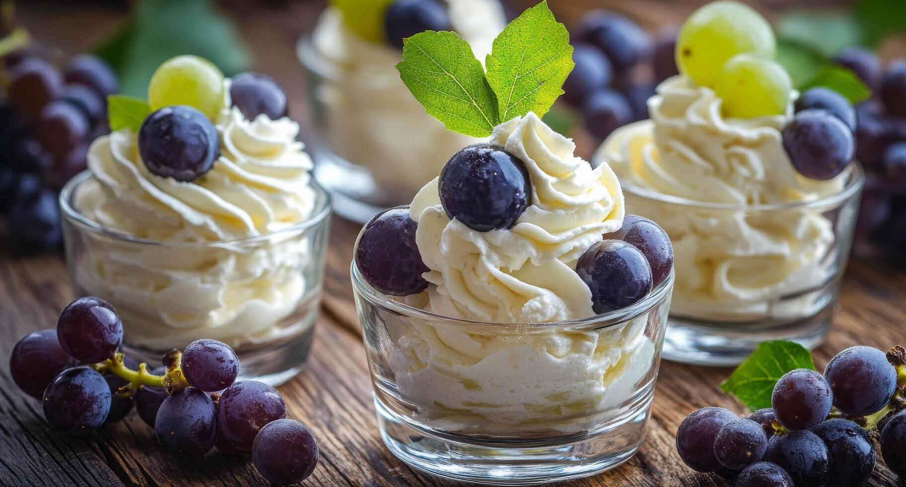 Delicious purple grape mousse served in small glasses with fresh mint leaves on a rustic table photo