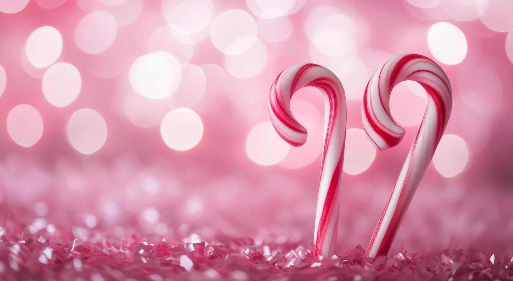 Sweet candy canes create a festive heart shape on a sparkling pink background for the holidays photo