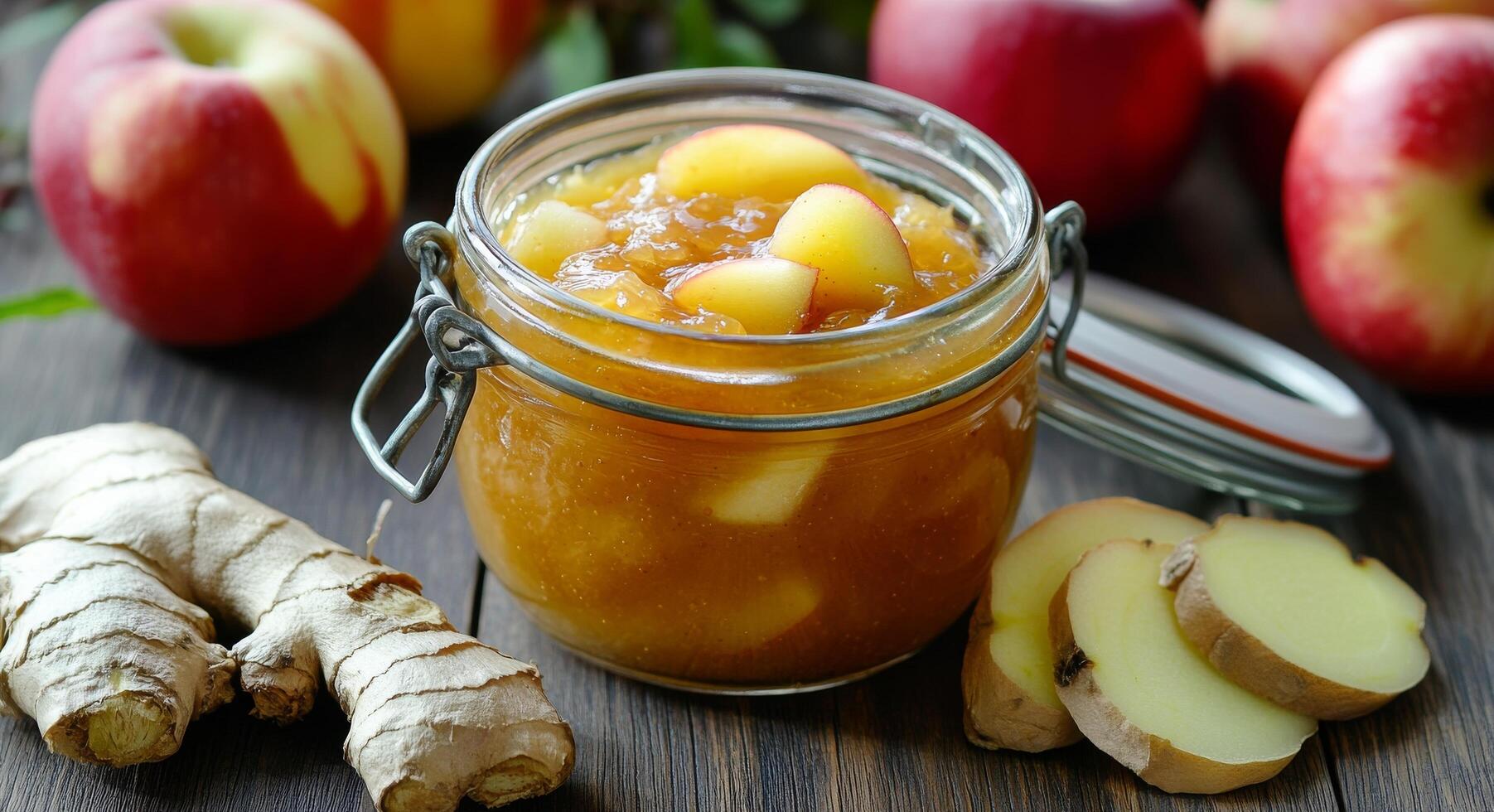Homemade ginger and apple jam with fresh ginger root and apples on wooden table photo