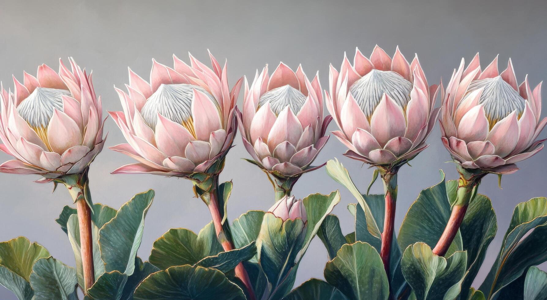 Beautiful arrangement of protea flowers in soft pastel tones on a textured background photo