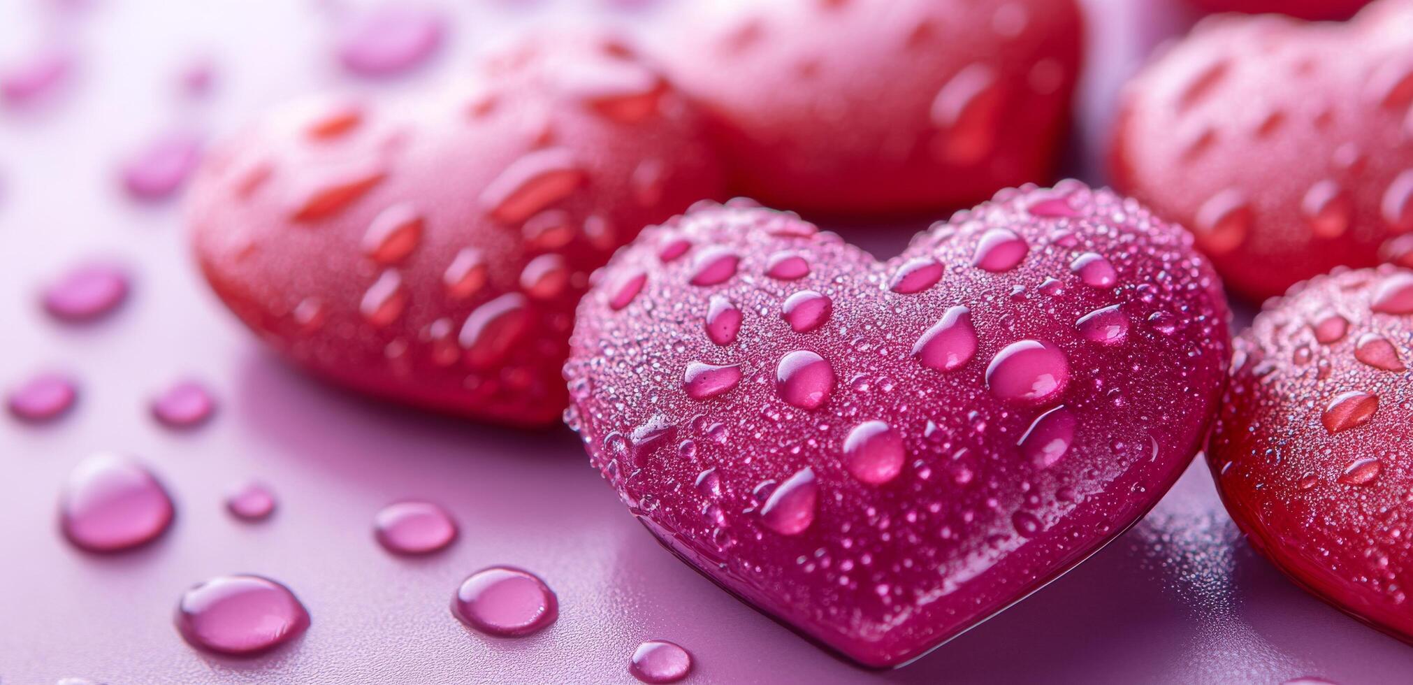 Colorful heart-shaped candies with droplets on a smooth surface in a soft lighting setup photo