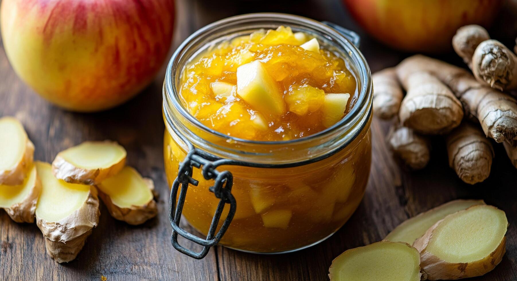 Homemade ginger and apple jam with fresh ginger root and apples on wooden table photo