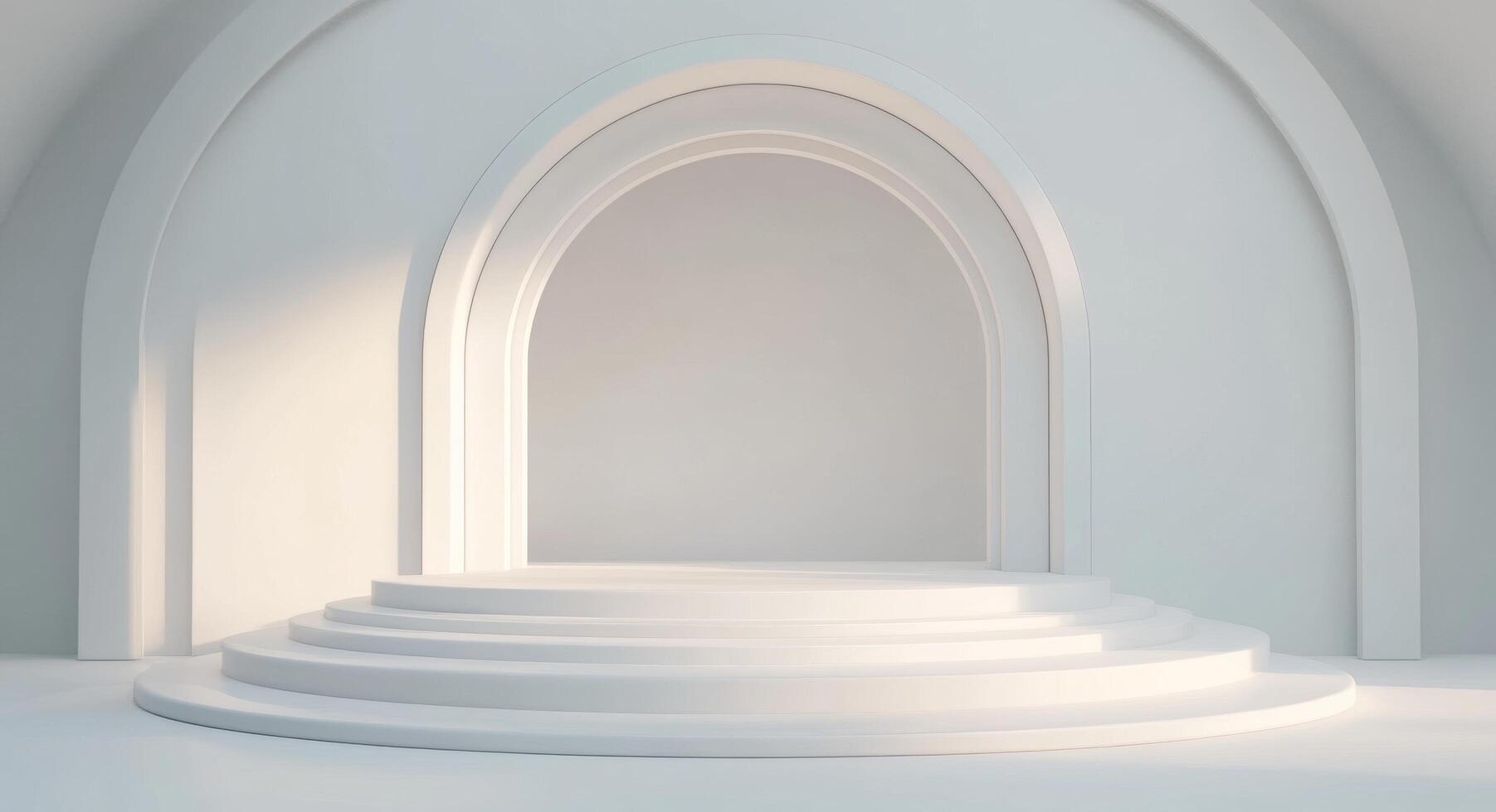 Modern minimalist stage design featuring circular backdrop in soft lighting photo