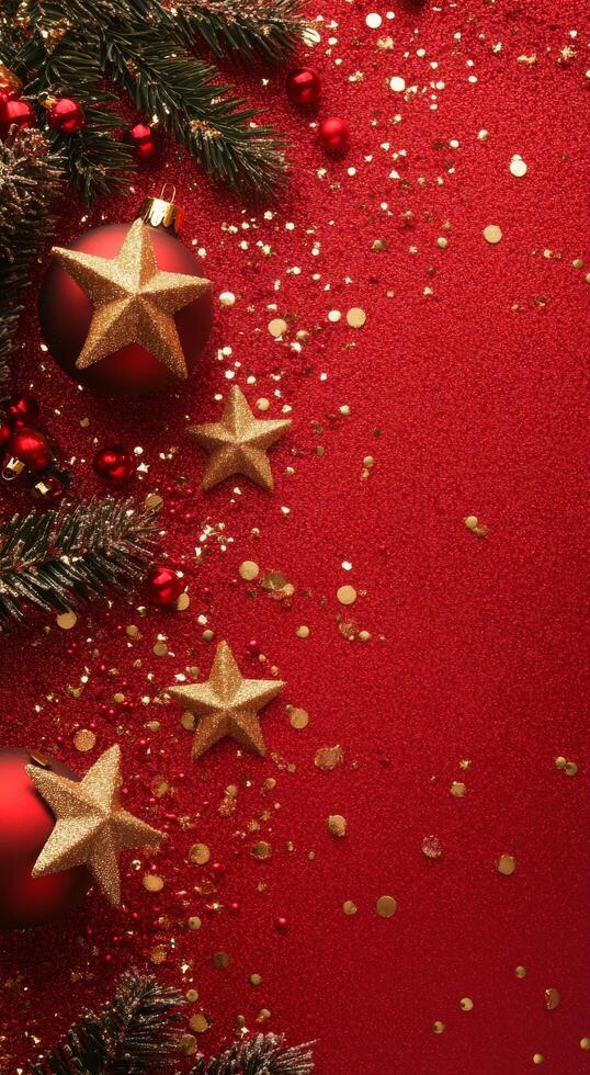 Festive red background with Christmas ornaments, gold stars, and sparkles for holiday decorations photo