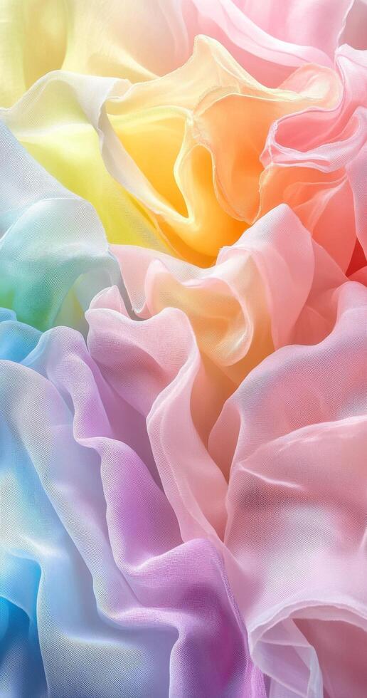Colorful ruffled fabric in soft pastels creating a dreamy texture in warm light photo